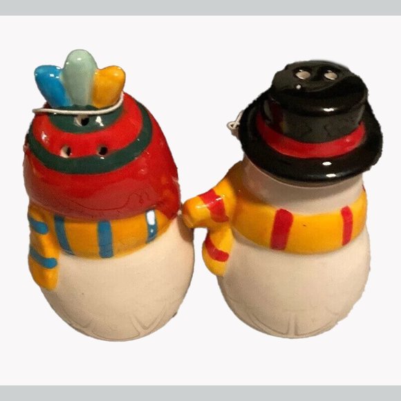Ceramic Snowman Salt And Pepper Shakers, 3” Tall, Top Hat And Toque - Picture 2 of 2